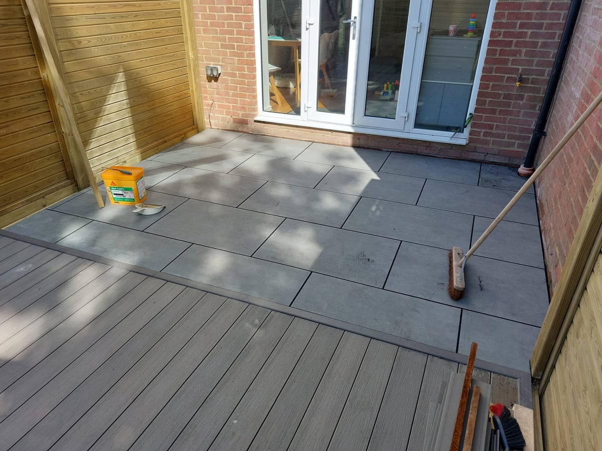 Paved patio area enclosed by new timber fencing