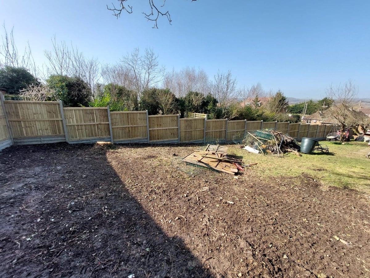 Long run of new timber boundary fencing across a cleared garden